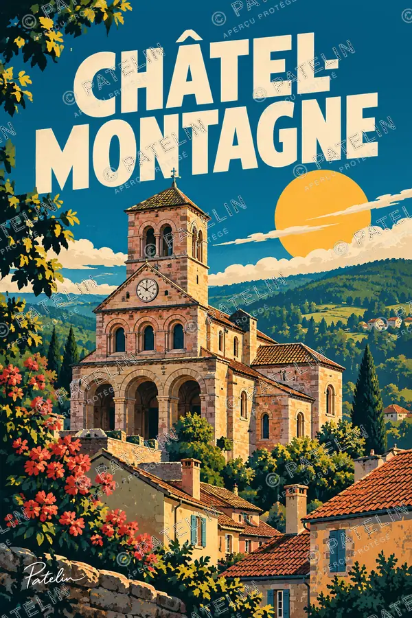 Illustration Châtel-Montagne — L’église et le village, style Pop