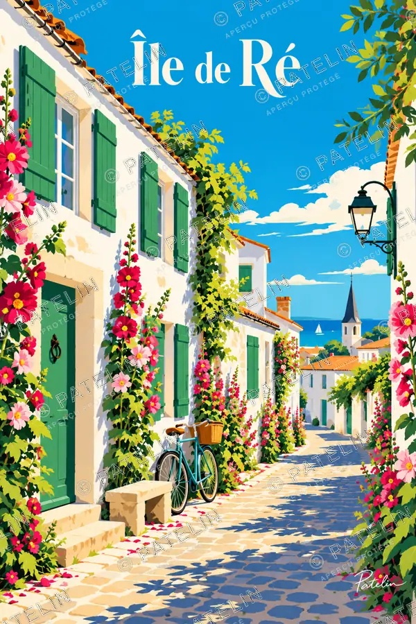 Illustration Île de Ré — La rue fleurie, style Pop
