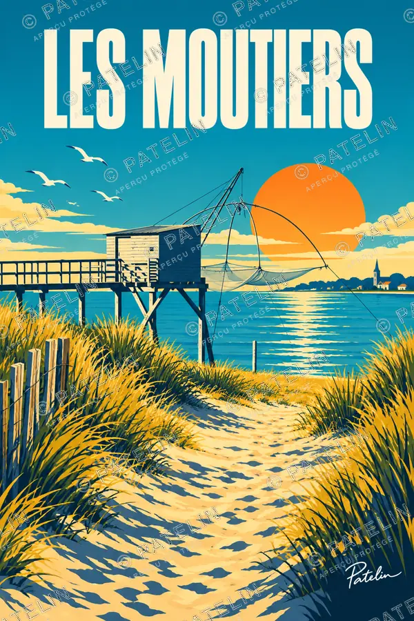 Illustration Les Moutiers-en-Retz — La plage et le carrelet, style Pop