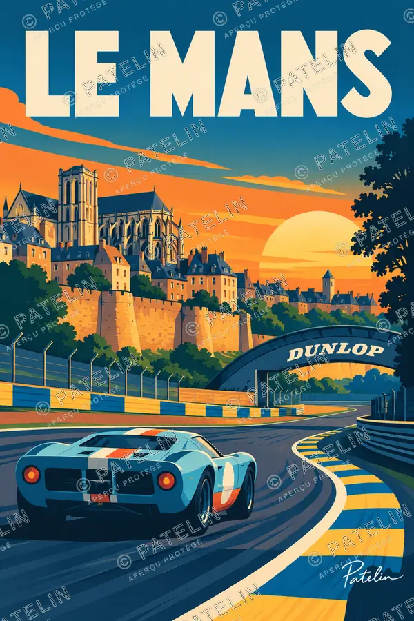 Illustration Le Mans — Le circuit au couchant, style Pop