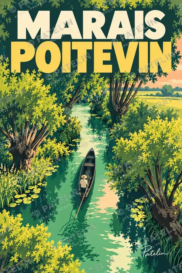 Illustration Marais poitevin — Les canaux et la barque, style Pop