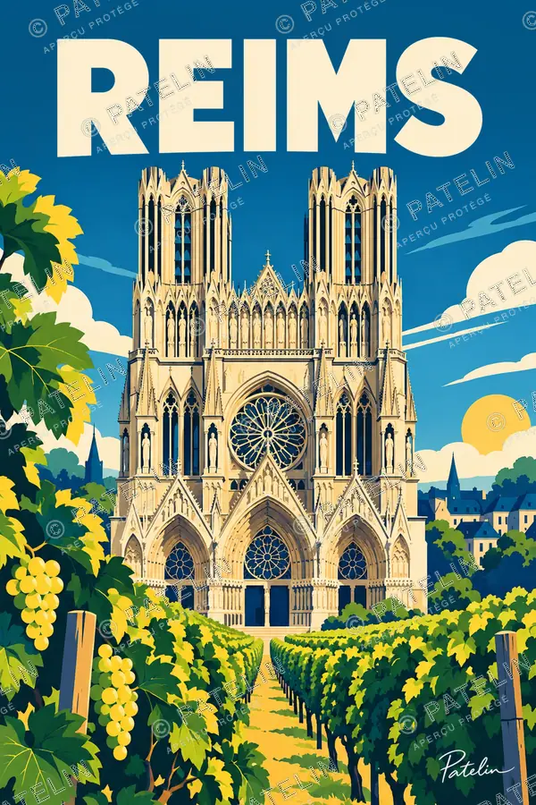 Illustration Reims — La cathédrale au-dessus des vignes, style Pop