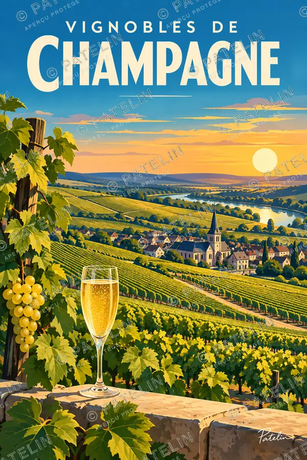 Illustration Vignobles de Champagne — Vue 2, style Pop