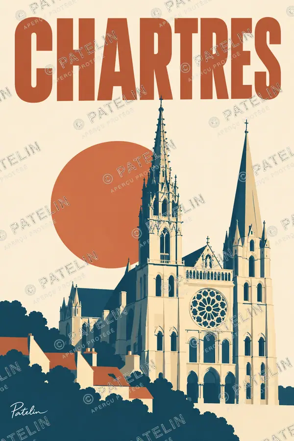 Illustration Chartres — La cathédrale au soleil couchant, style Minimal