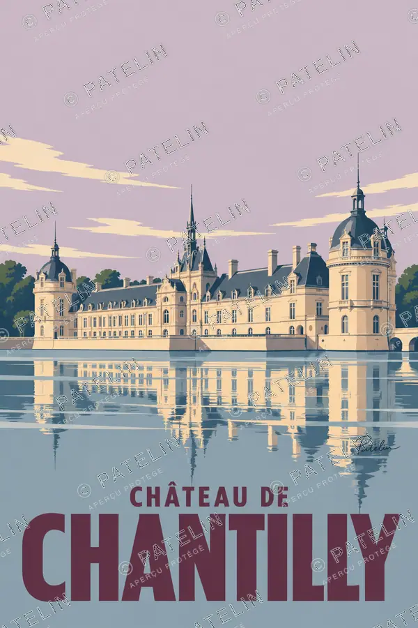 Illustration Château de Chantilly — Le château et ses reflets, style Minimal