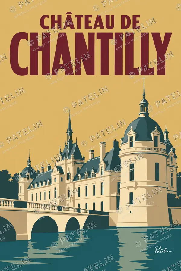 Illustration Château de Chantilly — Les tours au bord de l’eau, style Minimal