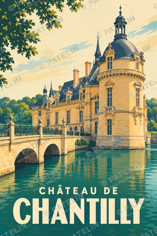 Illustration Château de Chantilly — Les tours au bord de l’eau, style Pop