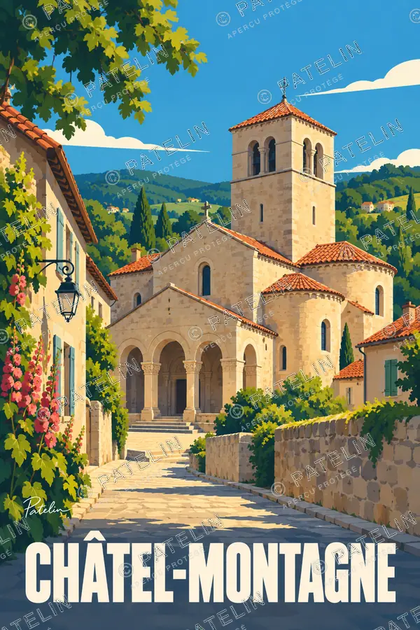 Illustration Châtel-Montagne — L’église sur la place, style Pop