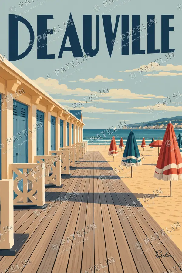 Illustration Deauville — Les Planches et les parasols, style Pop