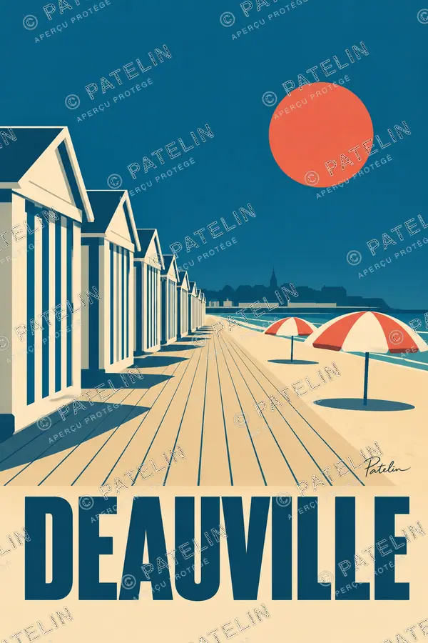 Illustration Deauville — Les Planches et les parasols, style Minimal