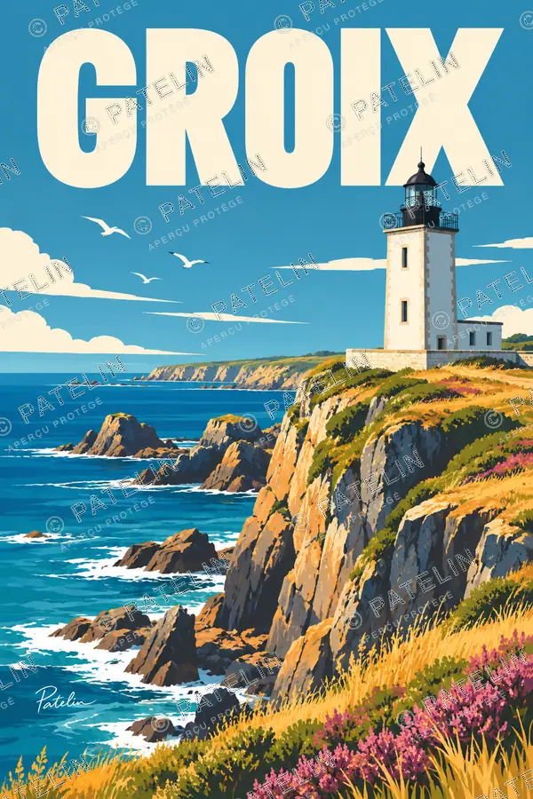 Illustration Groix — Le phare et les falaises, style Pop