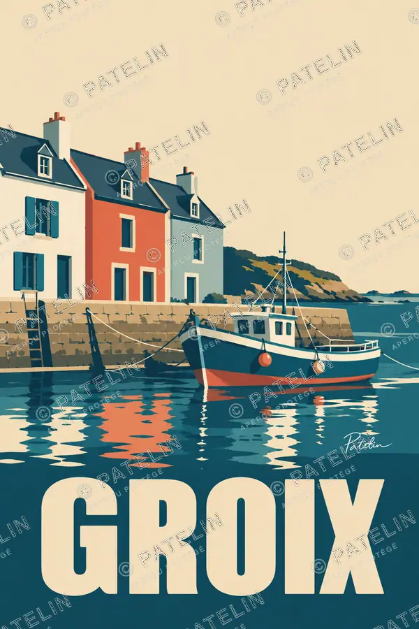 Illustration Groix — Les maisons et les bateaux du port, style Minimal