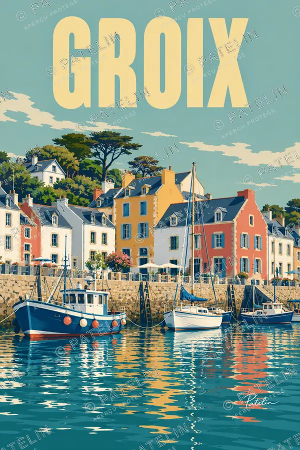 Illustration Groix — Les maisons et les bateaux du port, style Pop