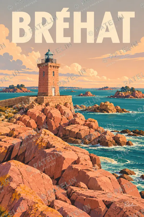 Illustration Île-de-Bréhat — Le phare sur les rochers roses, style Pop