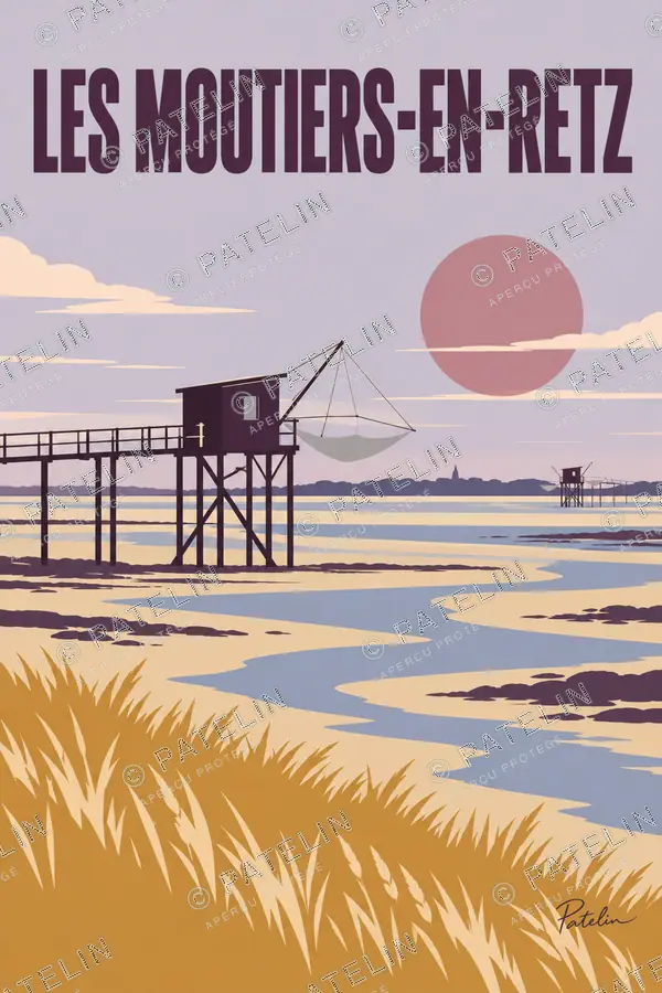 Illustration Les Moutiers-en-Retz — La pêcherie au soleil couchant, style Minimal