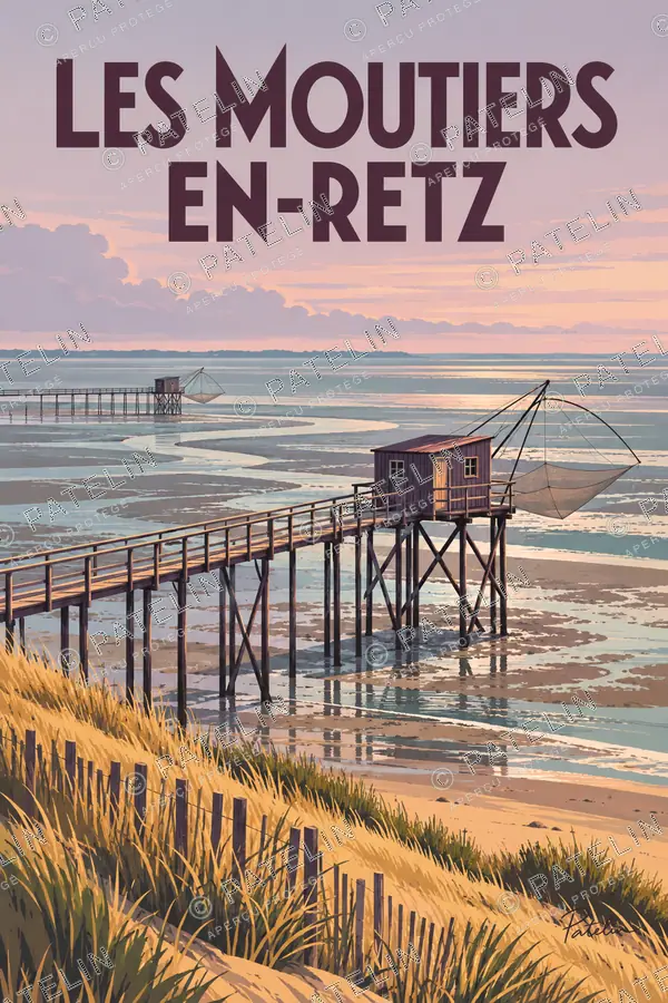 Illustration Les Moutiers-en-Retz — La pêcherie au soleil couchant, style Pop