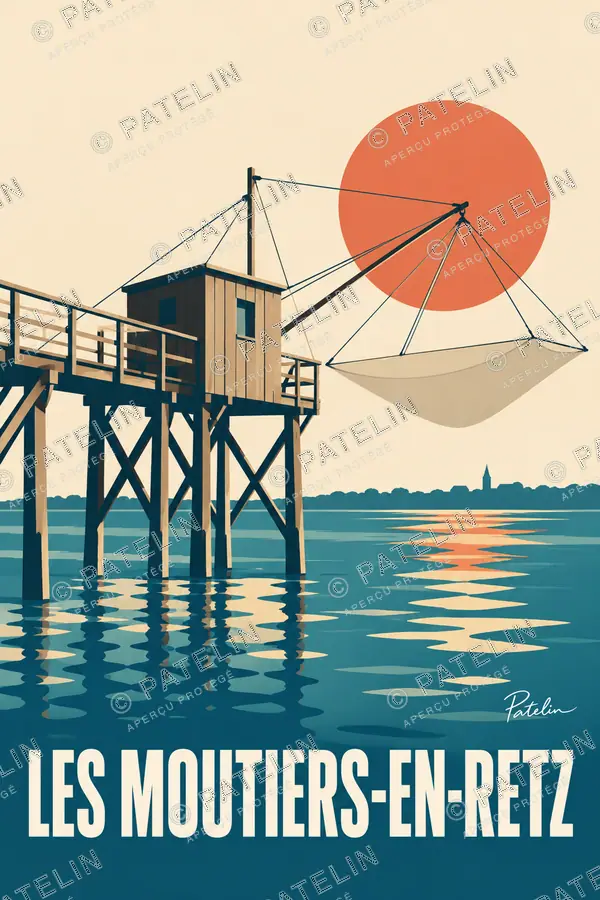 Illustration Les Moutiers-en-Retz — La pêcherie sur pilotis, style Minimal