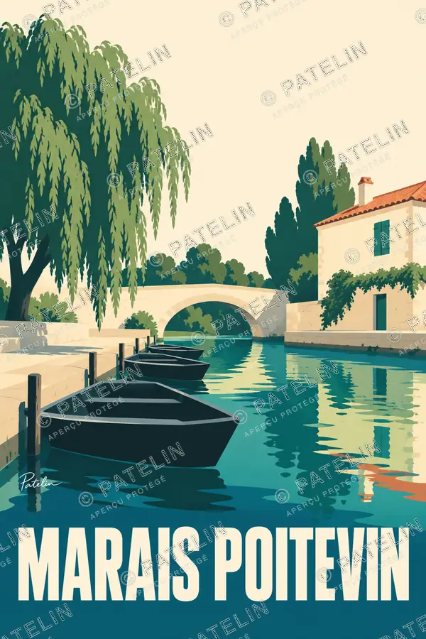 Illustration Marais poitevin — Les barques au bord du quai, style Minimal