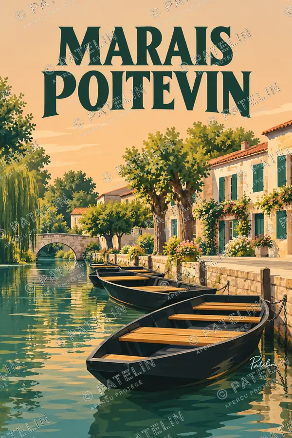 Illustration Marais poitevin — Les barques au bord du quai, style Pop