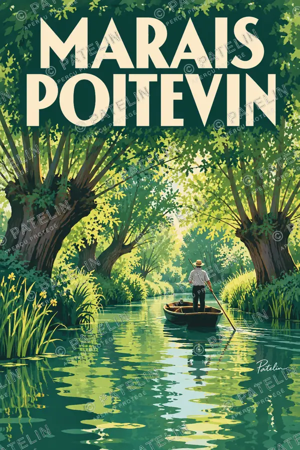 Illustration Marais poitevin — Le canal sous les arbres, style Pop