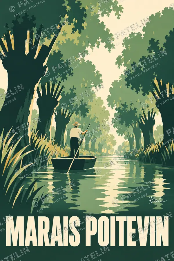 Illustration Marais poitevin — Le canal sous les arbres, style Minimal