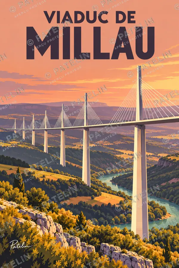 Illustration Millau — Le viaduc au-dessus de la vallée, style Pop