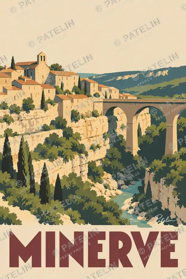 Illustration Minerve — Le village au-dessus du canyon, style Minimal