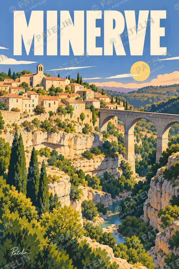 Illustration Minerve — Le village au-dessus du canyon, style Pop