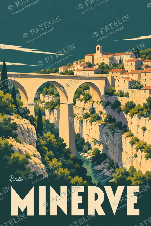 Illustration Minerve — Le village et le pont, style Minimal