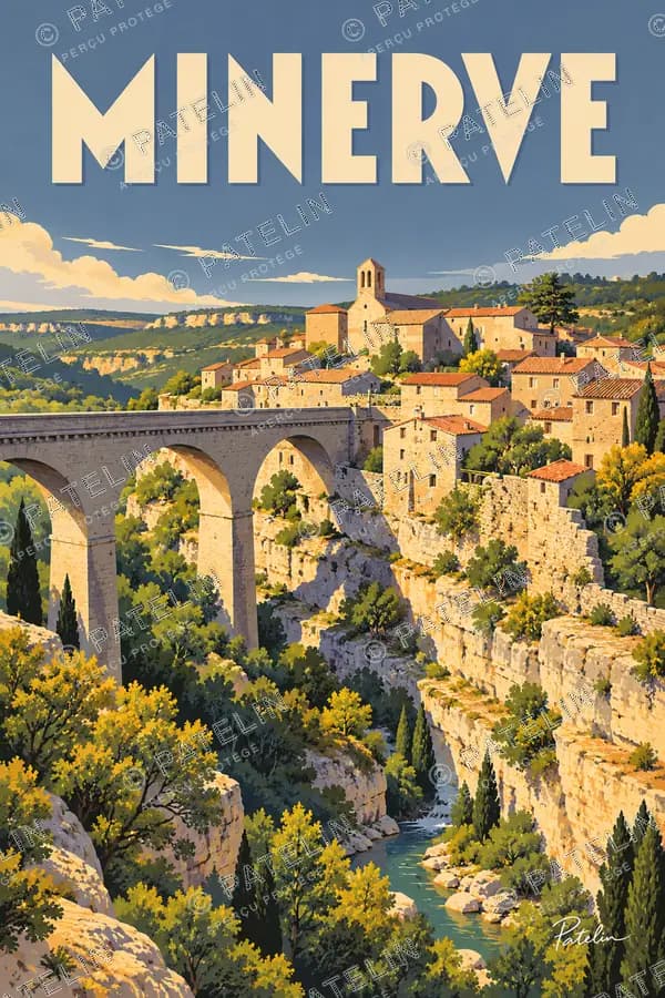 Illustration Minerve — Le village et le pont, style Pop