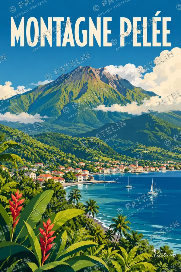 Illustration Montagne Pelée — Le volcan et le littoral, style Pop