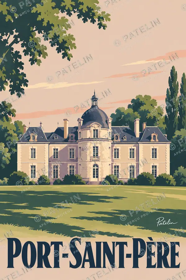 Illustration Port-Saint-Père — Le château et ses reflets, style Minimal