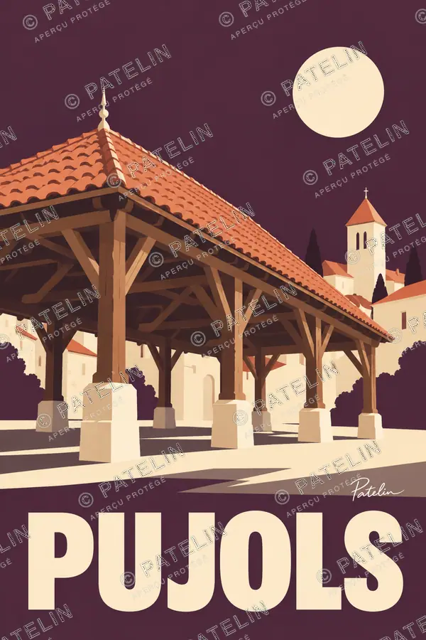Illustration Pujols — La halle du village, style Minimal