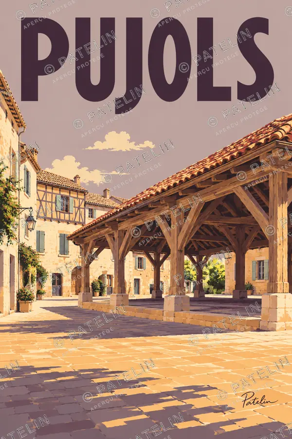 Illustration Pujols — La halle du village, style Pop