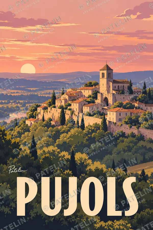 Illustration Pujols — Le village perché, style Pop