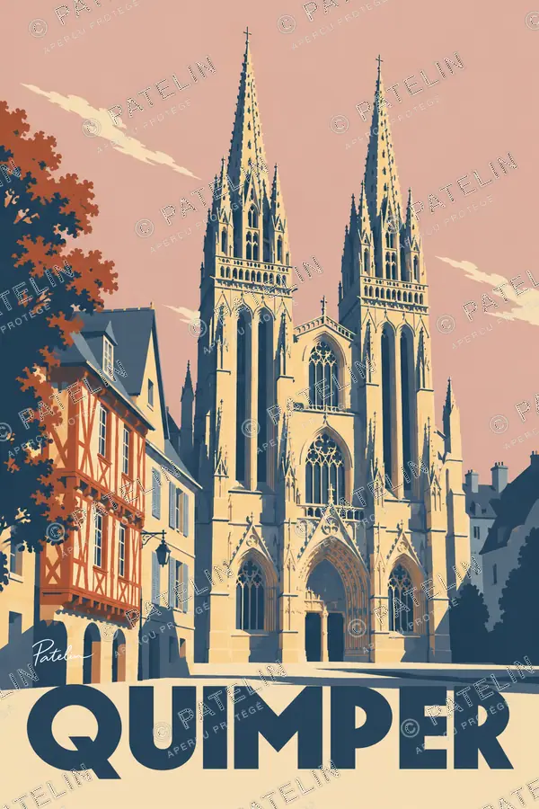 Illustration Quimper — Les flèches de la cathédrale, style Minimal