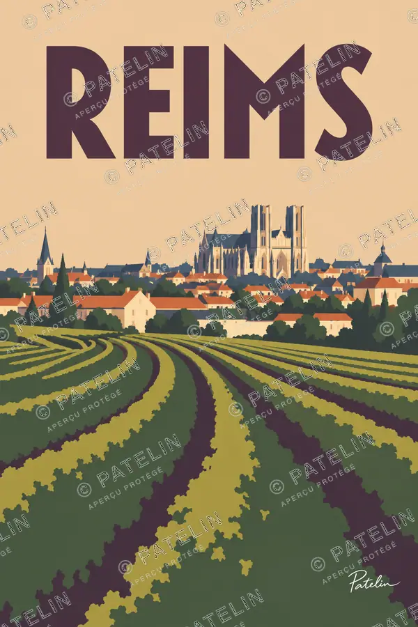 Illustration Reims — Les vignes et la cathédrale, style Minimal