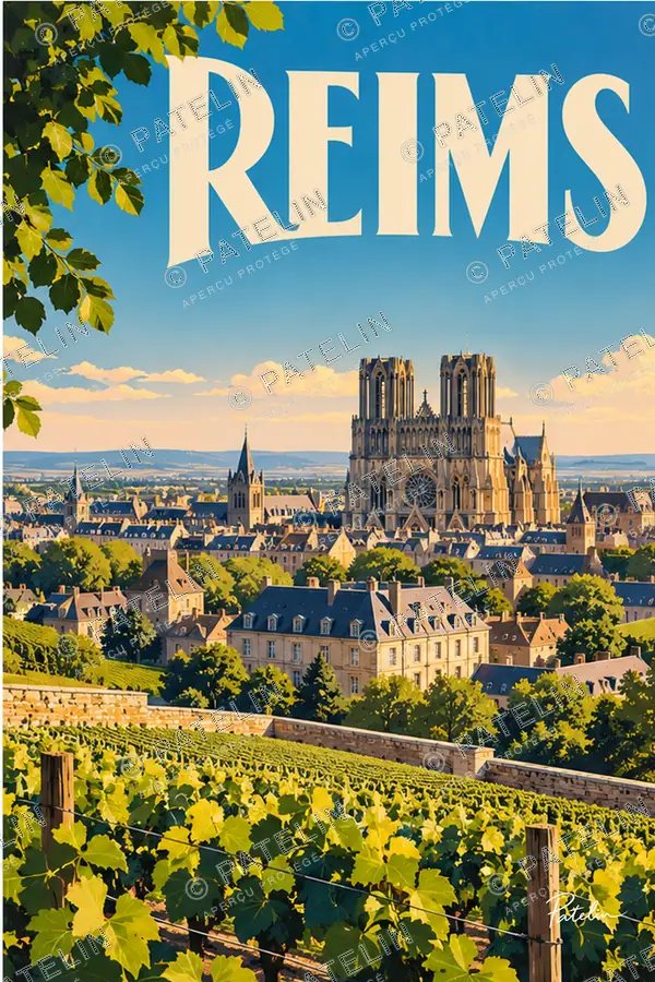 Illustration Reims — Les vignes et la cathédrale, style Pop