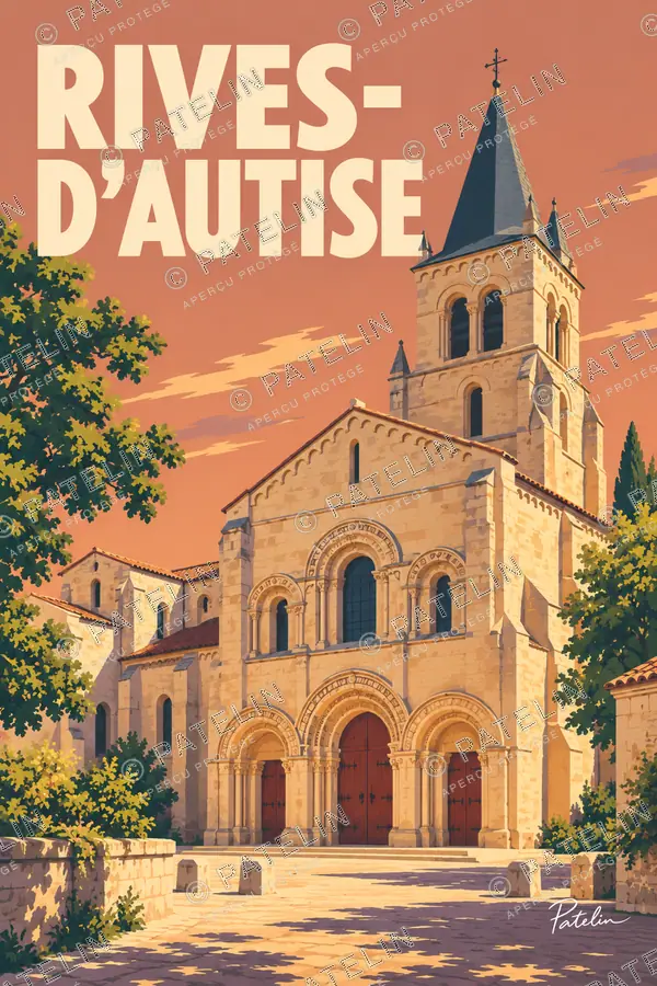 Illustration Rives-d’Autise — La façade de l’abbaye, style Pop