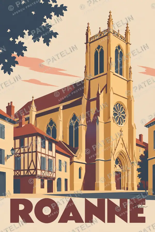 Illustration Roanne — L’église et les maisons, style Minimal