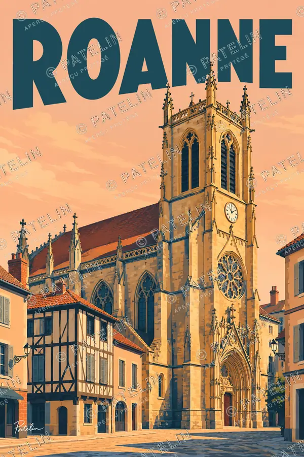 Illustration Roanne — L’église et les maisons, style Pop