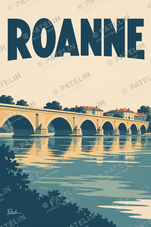 Illustration Roanne — Le pont et la Loire, style Minimal