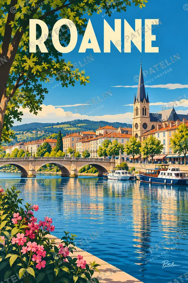 Illustration Roanne — Le pont et la Loire, style Pop
