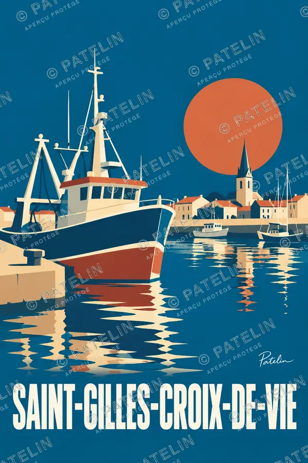 Illustration Saint-Gilles-Croix-de-Vie — Le port et les bateaux, style Minimal