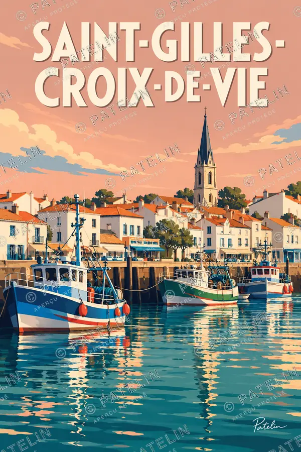 Illustration Saint-Gilles-Croix-de-Vie — Le port et les bateaux, style Pop