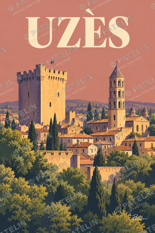 Illustration Uzès — Les tours du duché, style Pop