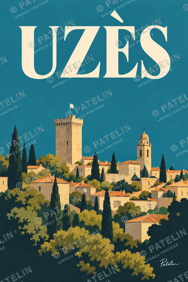 Illustration Uzès — Le panorama sur les tours, style Pop